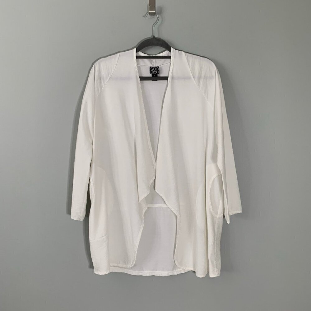 Clara Sunwoo Cardigan Women Size S White Draped Open‎ Front Pockets Lightweight